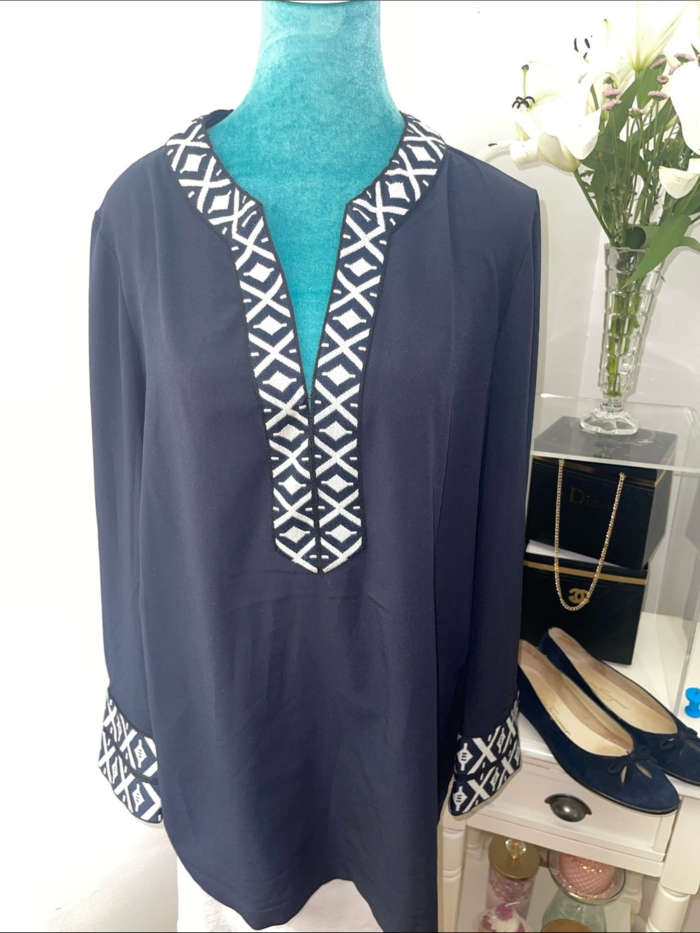 Tory Burch Navy Tunic with Beige/White Geometric Trim